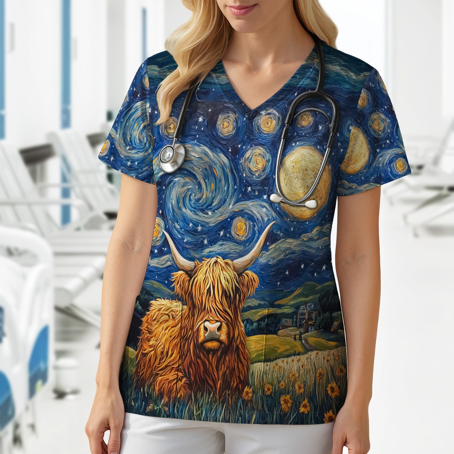 Artistic Highland Cow Starry Night Scene Pattern Scrub Top, Comfortable Scrubs for Nurses