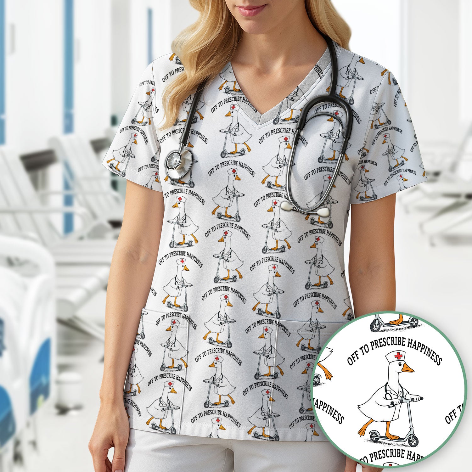 Nurse Goose Scooter Print Scrub Top, Breathable Fabrics Nursing Uniform