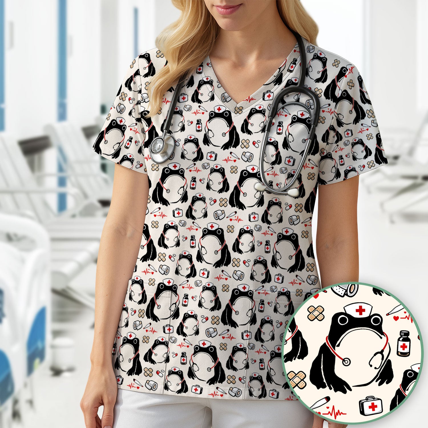 Cute Frog Nurse Medical Print Scrub Top, Comfortable Scrubs for Nurses