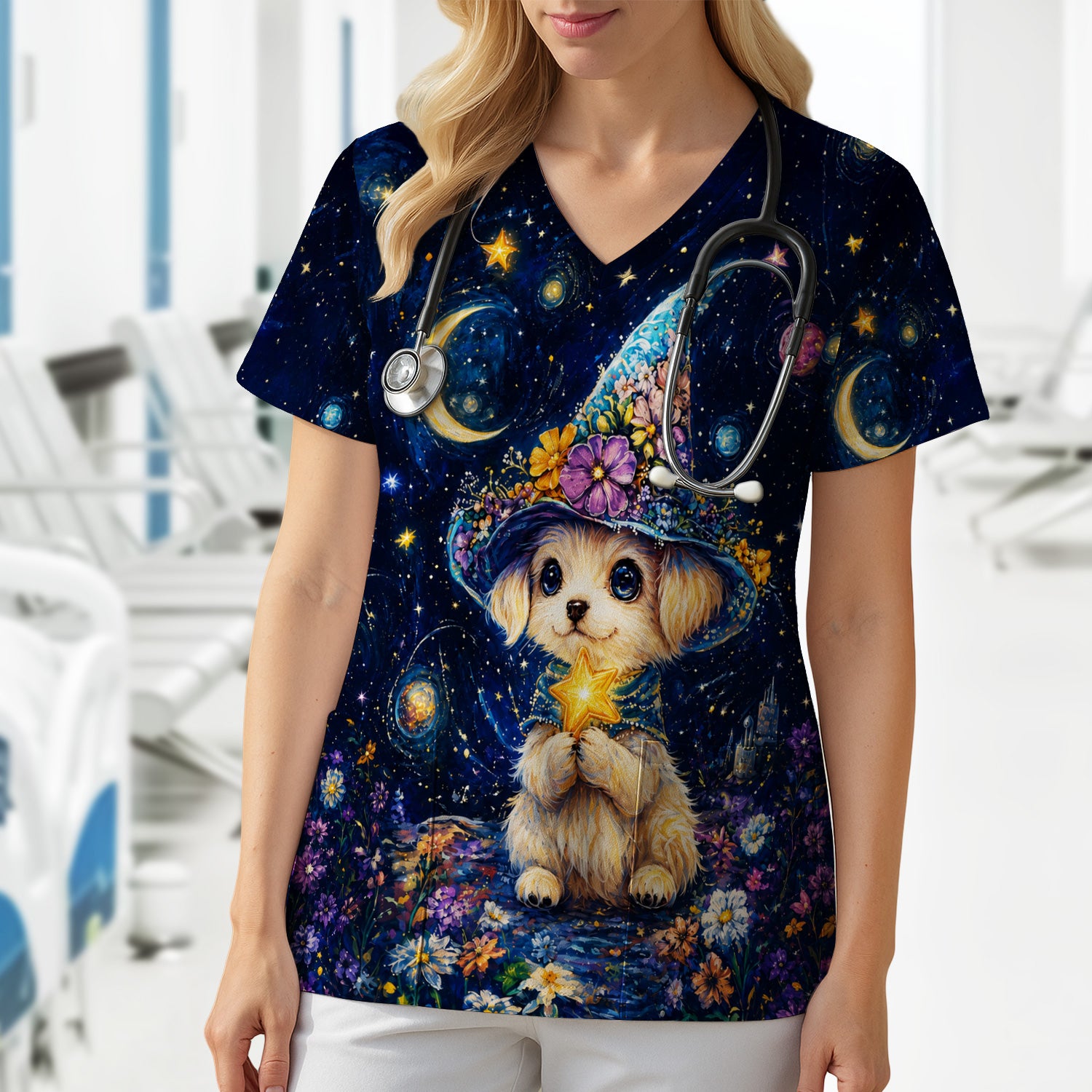 Cute Puppy Wizard Nurse Pattern Scrub Top, Comfortable Scrubs for Nurses