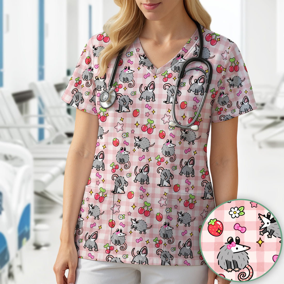 Cute Opossum And Cherries Gingham Pattern Scrub Top, Comfortable Scrubs for Nurses