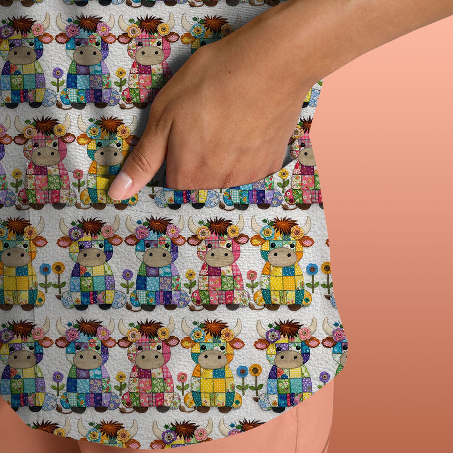 Cute Patchwork Cow With Flowers Pattern Scrubs Top, Comfortable Scrubs for Nurses