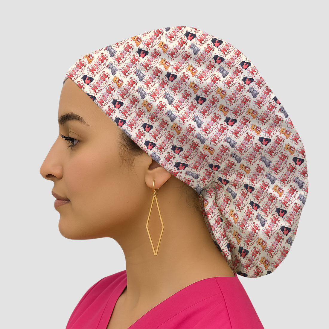 Nurse Cat Heart Pattern Valentine Scrub Cap, Bouffant Scrub Caps for Women