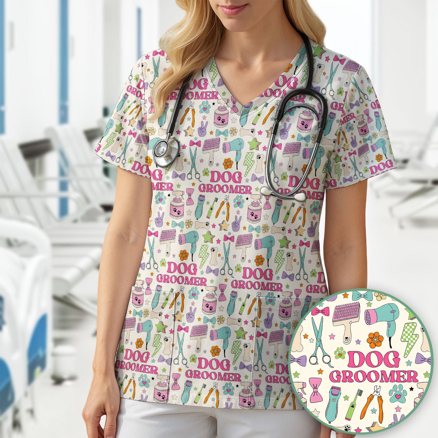 Dog Groomer Tools Pattern Nursing Scrub Top, Comfortable Scrubs for Nurses