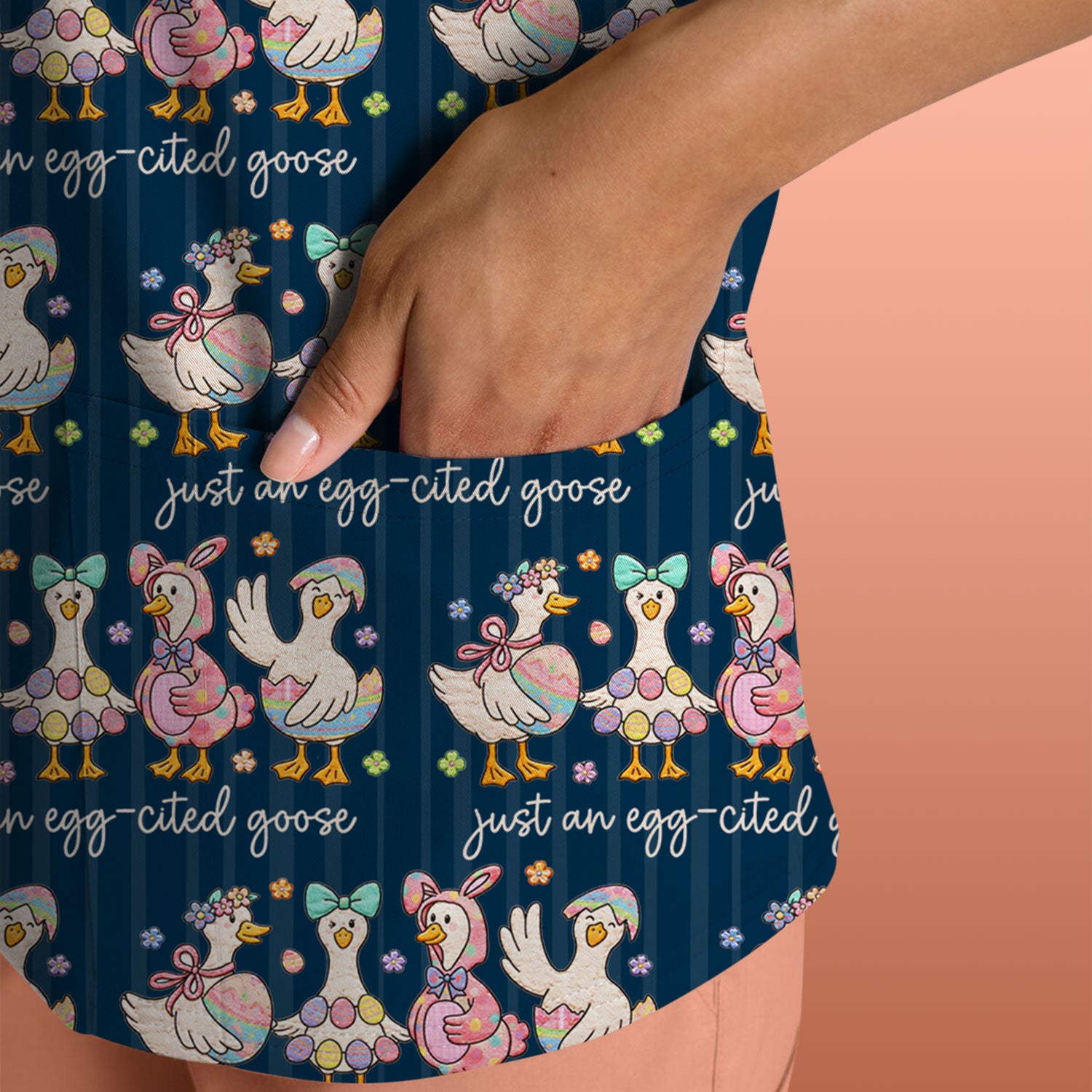Cute Easter Goose Egg Pattern Scrubs Top, Breathable Fabrics Nursing Uniform