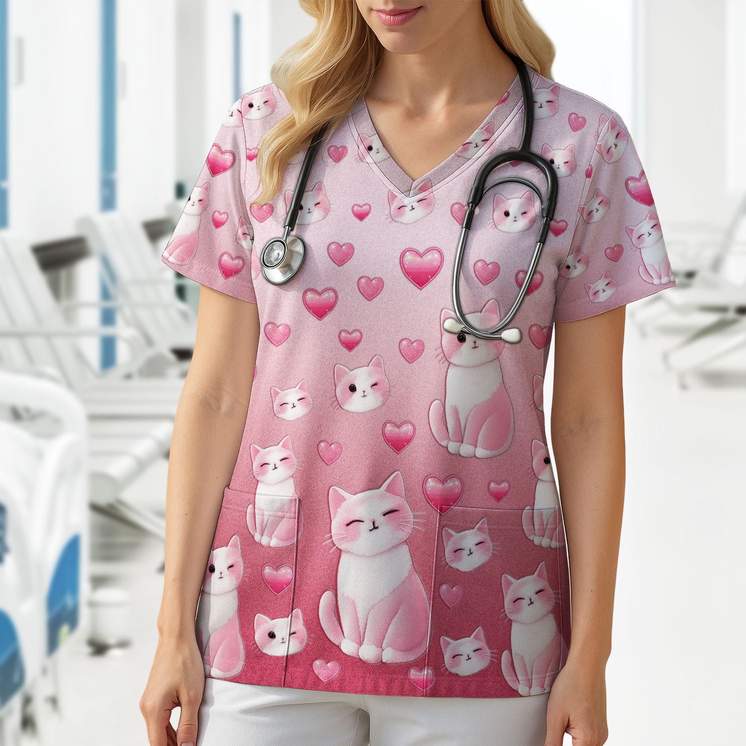 Valentine Cat Scrub Top, Cute Heart Pattern Nurse Shirt, Comfortable Scrubs For Nursing