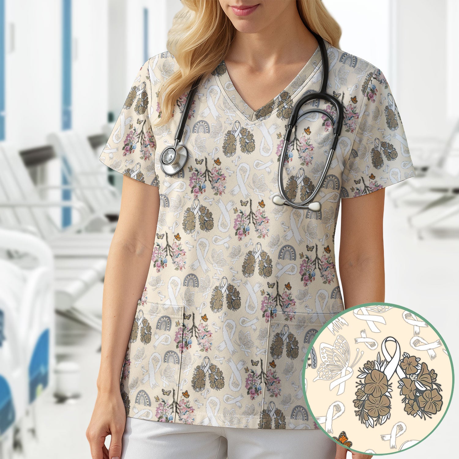 Lung Cancer Awareness Scrub Top for Women - White Ribbon Butterfly Floral Medical Uniform - Comfortable Scrubs for Nurses