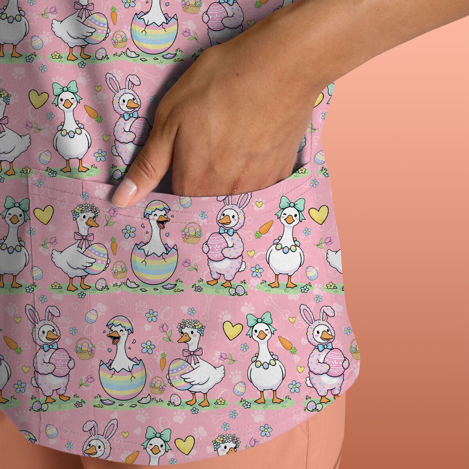 Pastel Easter Goose Bunny Egg Pattern Scrub Top, Comfortable Scrubs for Nurses