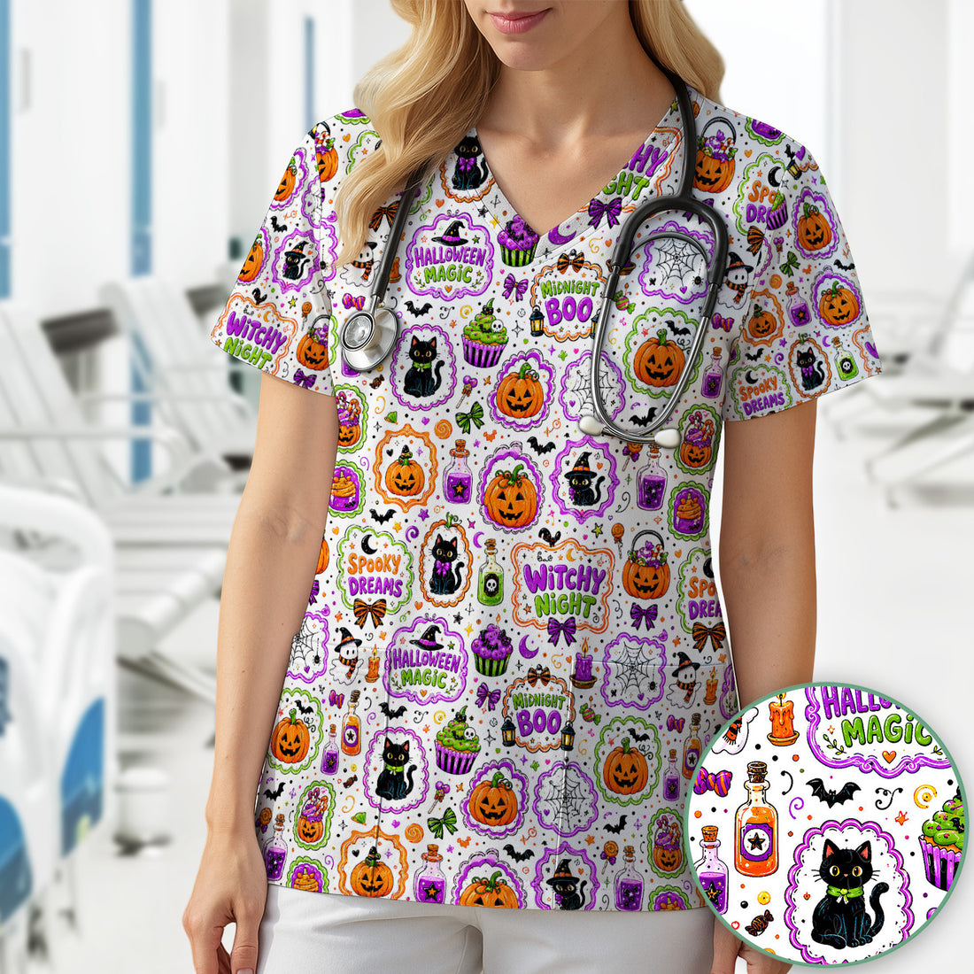 Witchy Halloween Magic And Pumpkins Scrub Top, Comfortable Scrubs for Nurses