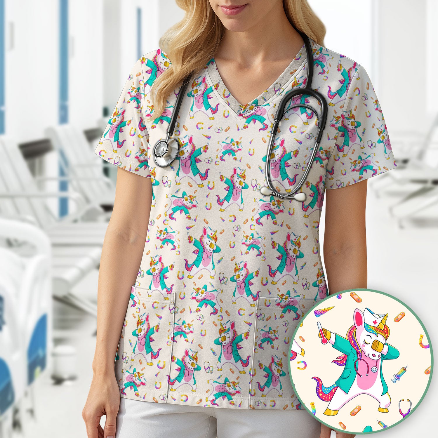 Cute Unicorn Nurse Dance Pattern Scrub Top, Breathable Fabrics Nursing Uniform