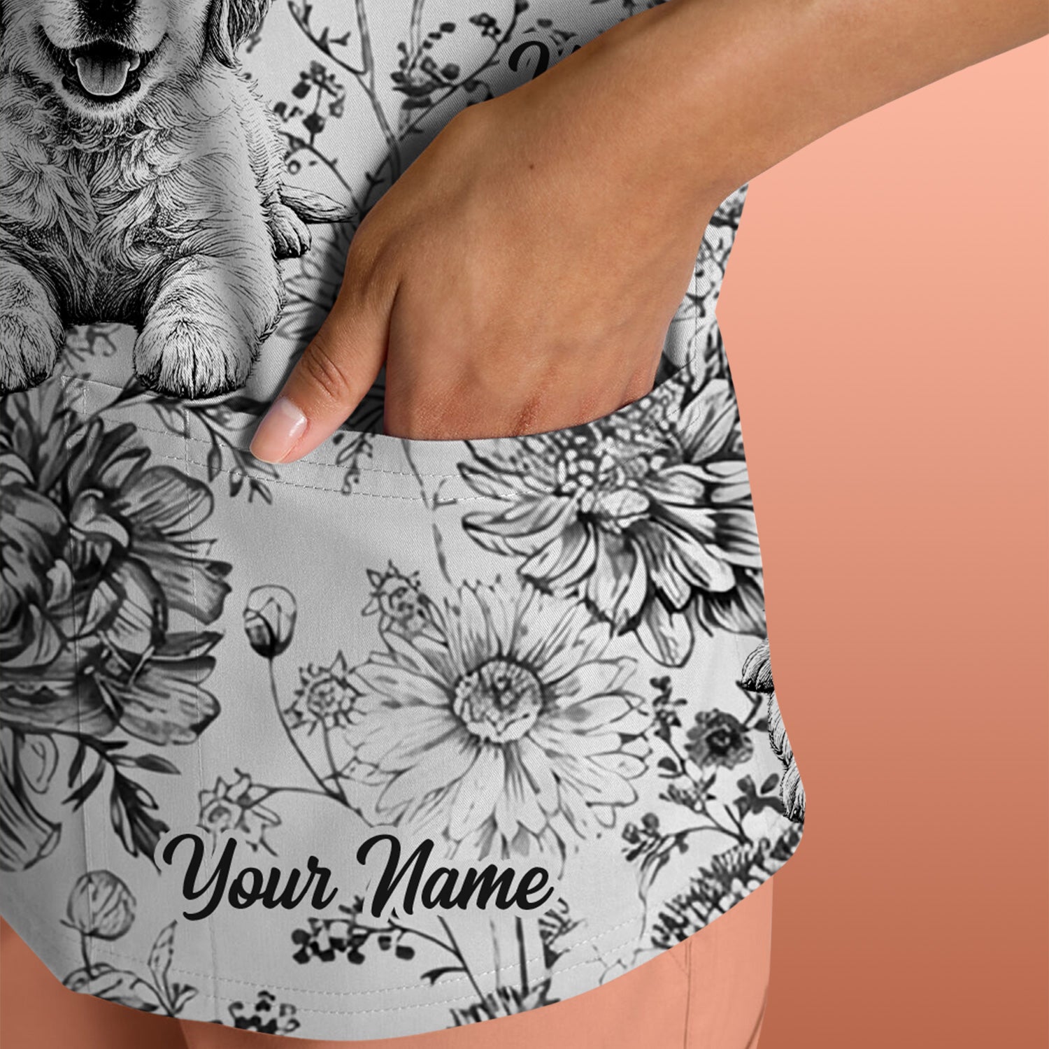 Personalized Custom Pet Photo Name Floral Pattern Scrub Top, Breathable Fabrics Nursing Uniform