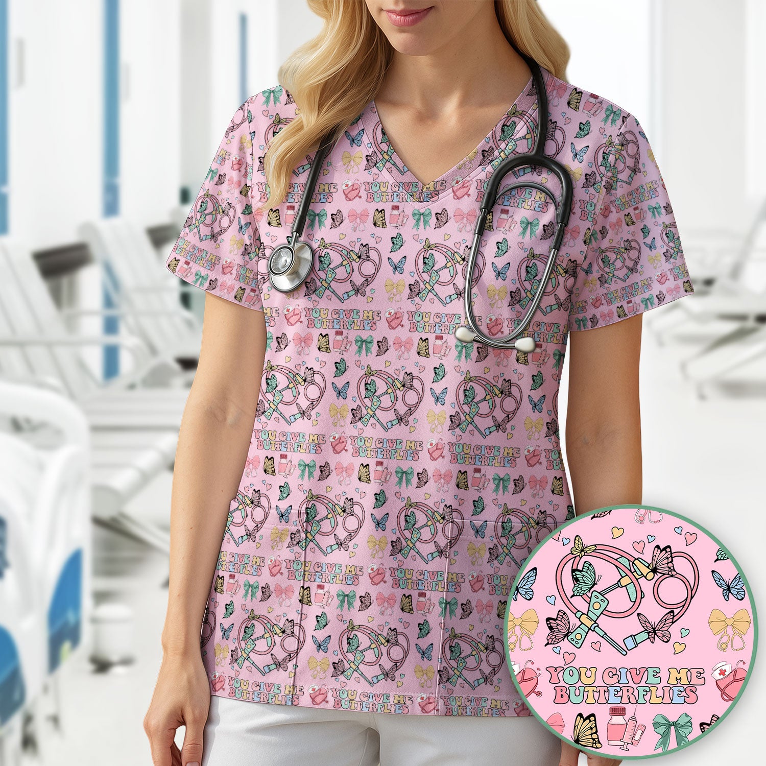 Butterfly Heart Valentine Medical Pattern Scrub Top, Comfortable Scrubs for Nurses