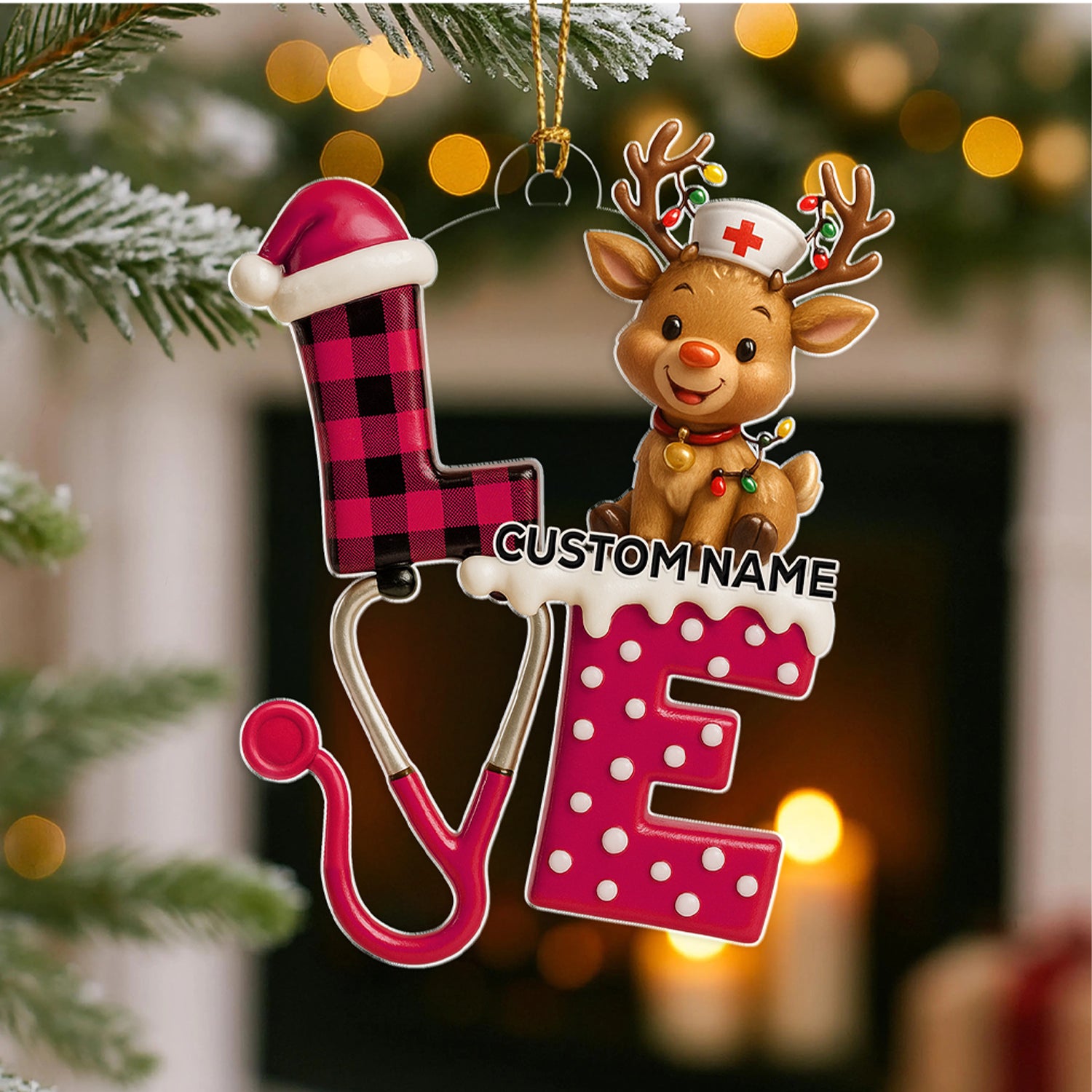 Personalized Nurse Reindeer LOVE Ornament, Custom Name Medical Christmas Tree Decor, Cute RN/LPN Holiday Gift for Healthcare Workers
