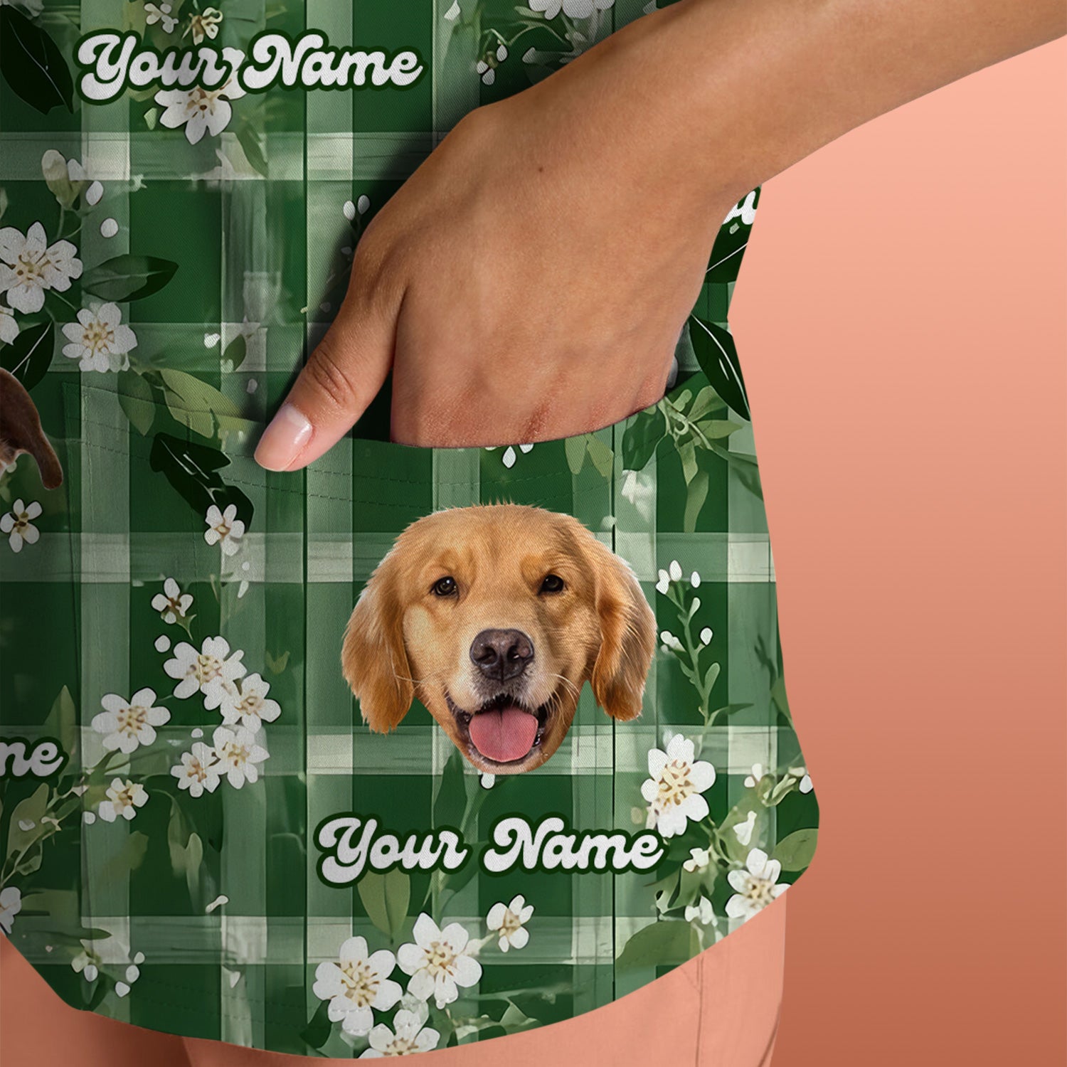 Custom Dog Face Scrub Top, Dog Green Plaid Floral Pattern Shirt, Comfortable Scrubs for Nurses