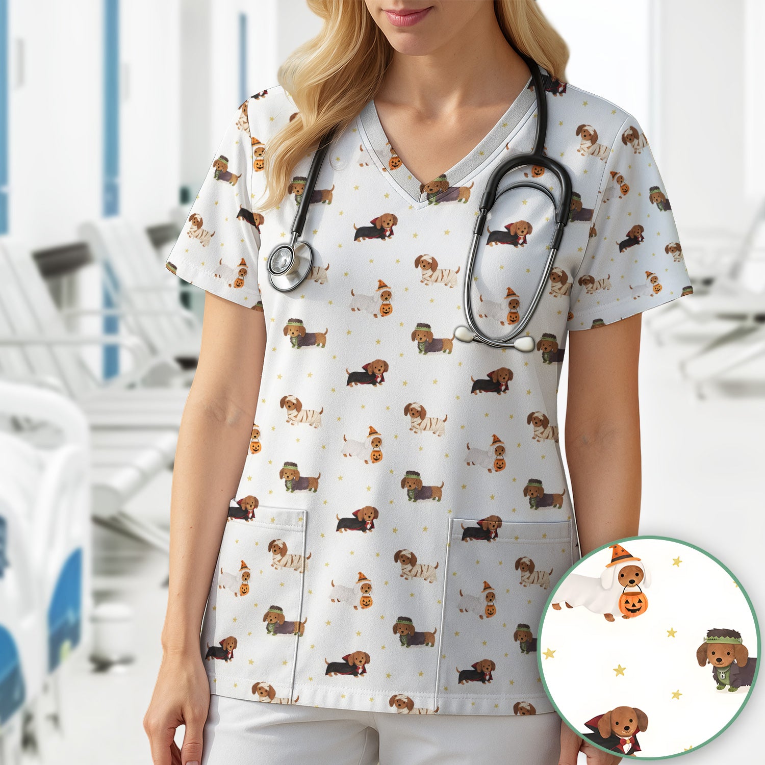 Halloween Dachshund Costumes Print Scrub Top, Comfortable Scrubs for Nurses