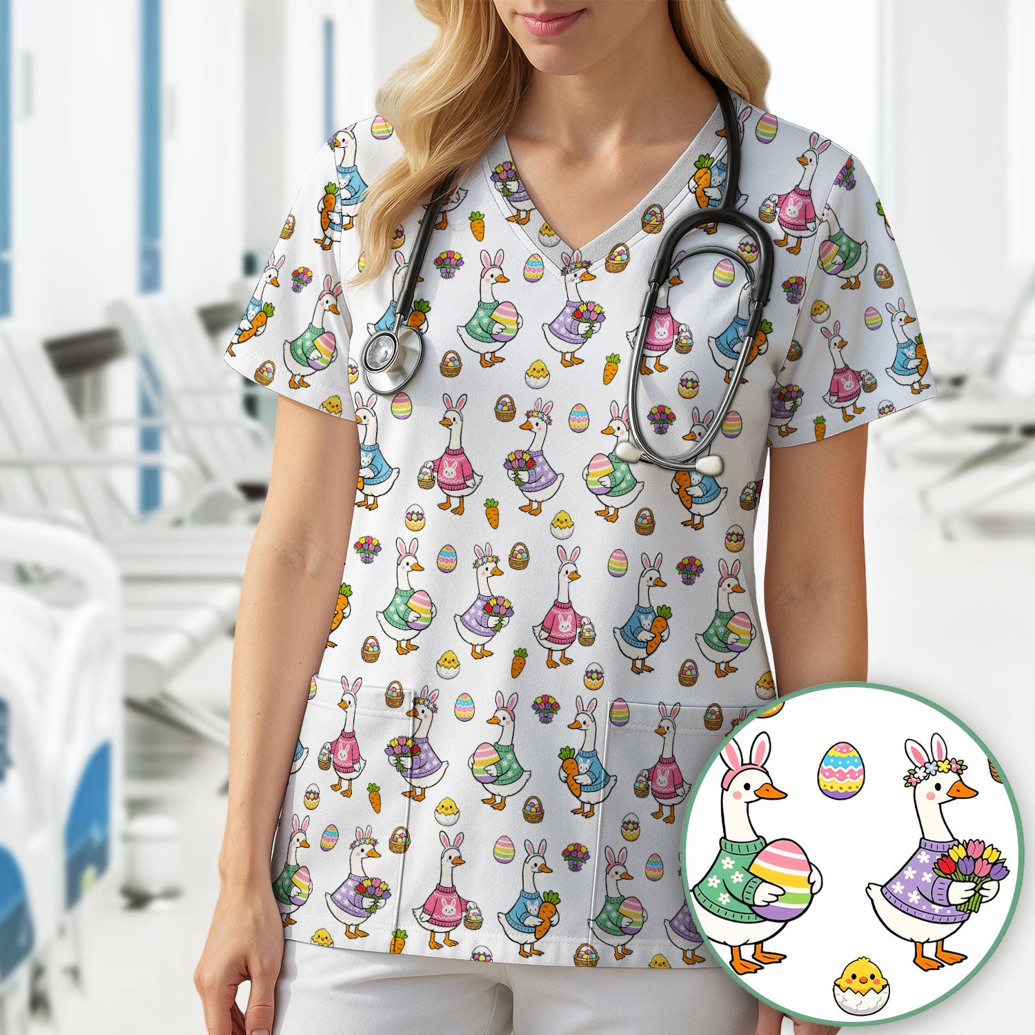 Cute Easter Goose Pattern Scrub Top, Breathable Fabrics Nursing Uniform