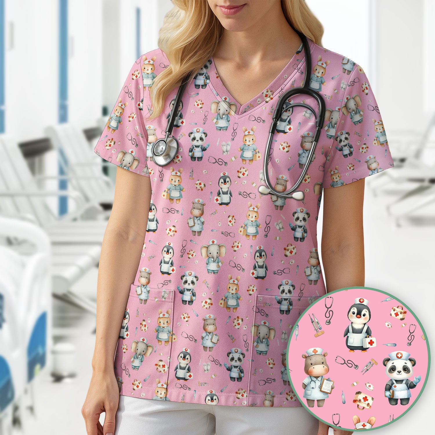 Cute Animal Scrub Top for Women - Panda Bunny Penguin Print Med Uniform - Comfortable Pastel Scrubs for Nurses