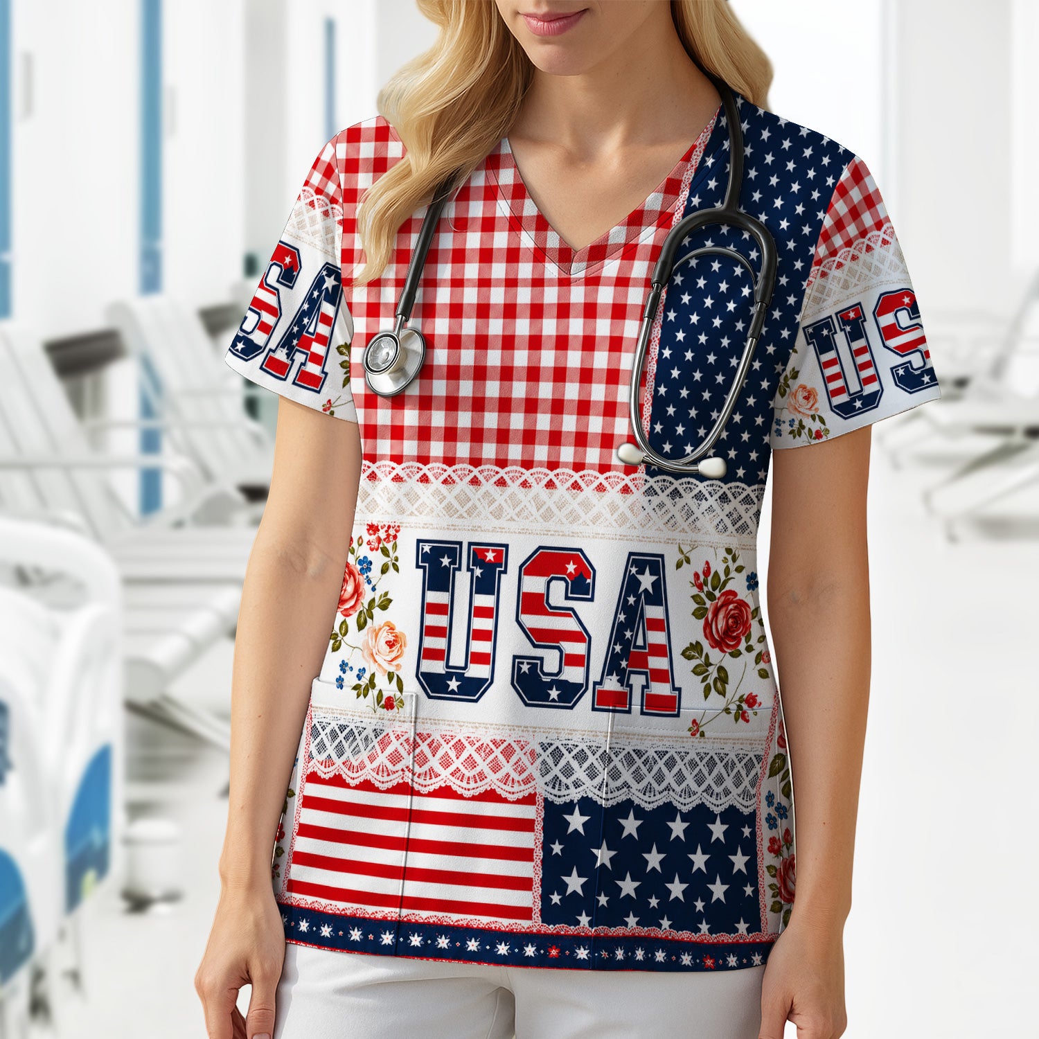Patriotic Patchwork with USA Flag Pattern Scrub Top, Comfortable Scrubs for Nurses