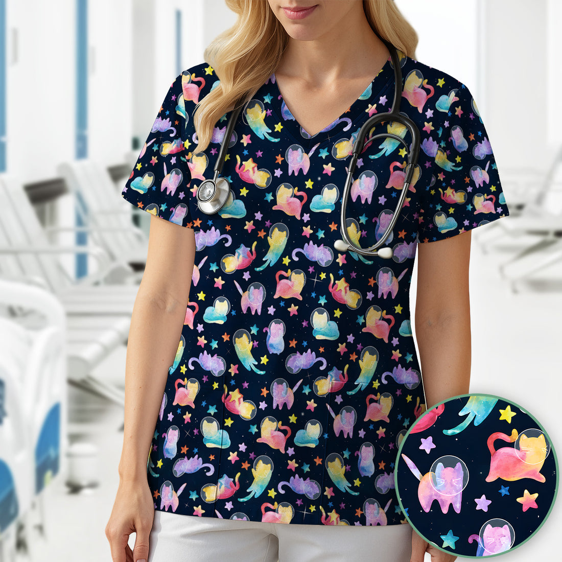 Cute Space Cat Veterinary Pattern Scrub Top for RN, CNA, Galaxy Medical Uniform