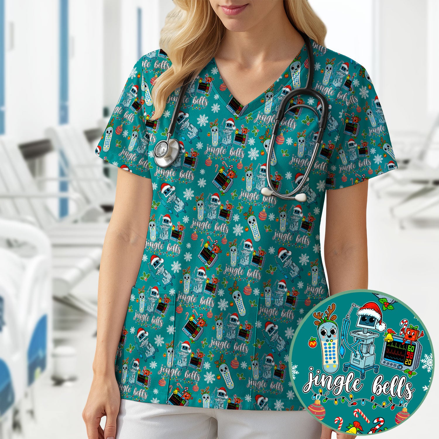 Jingle Bells Christmas Scrub Top - Funny Xmas Scrubs for Nurses - Breathable Fabrics Nursing Uniform for RN CNA LPN