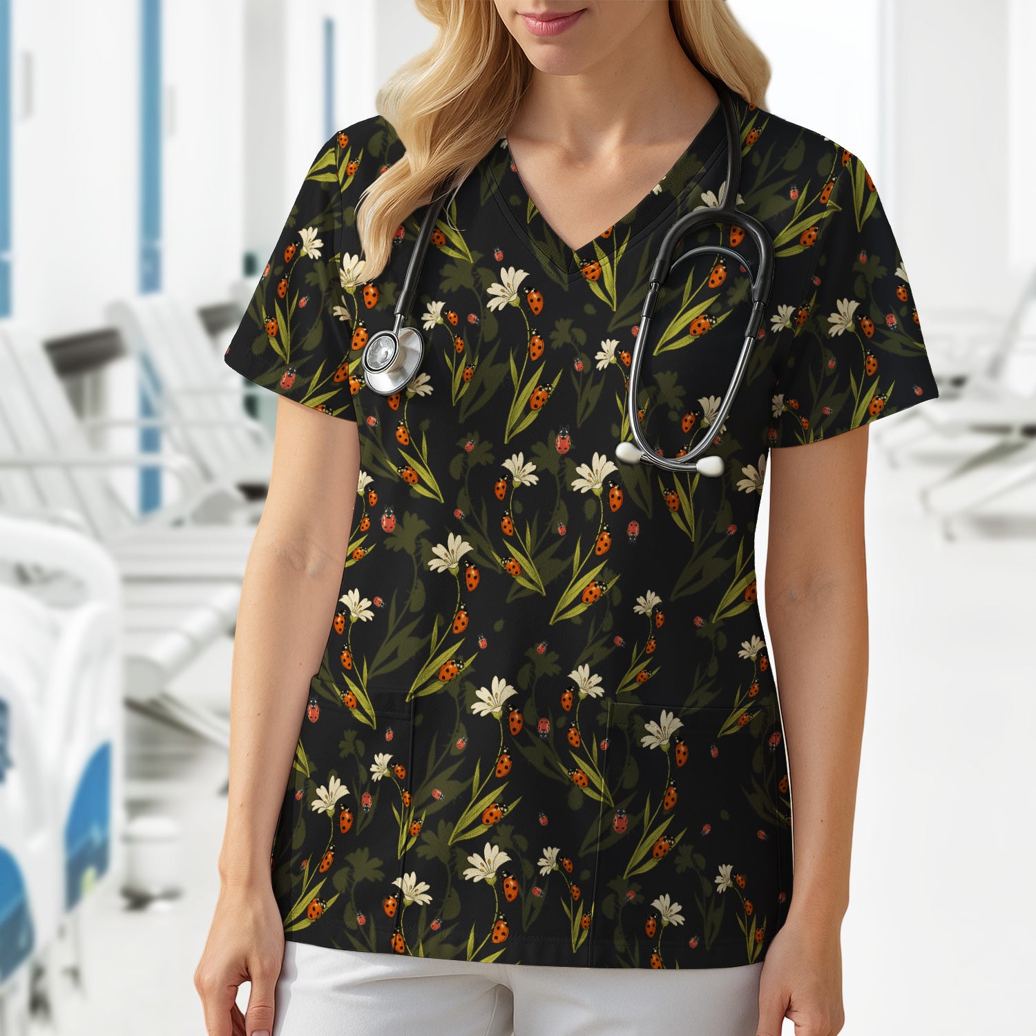 Fresh Daisy Ladybug Garden Pattern Scrub Top, Comfortable Scrubs For Nurses