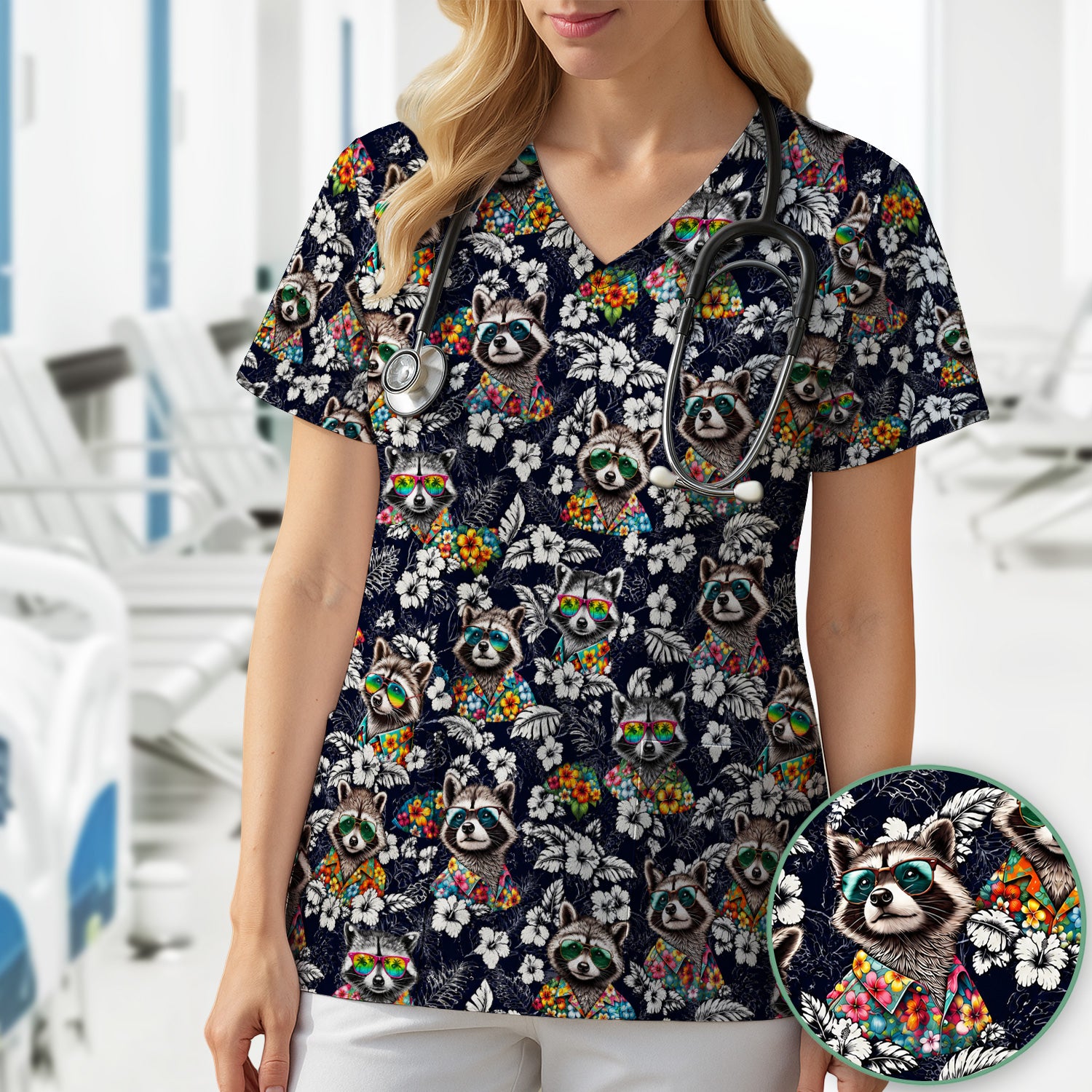 Tropical Raccoon Floral Pattern Scrub Top, Comfortable Scrubs for Nurses