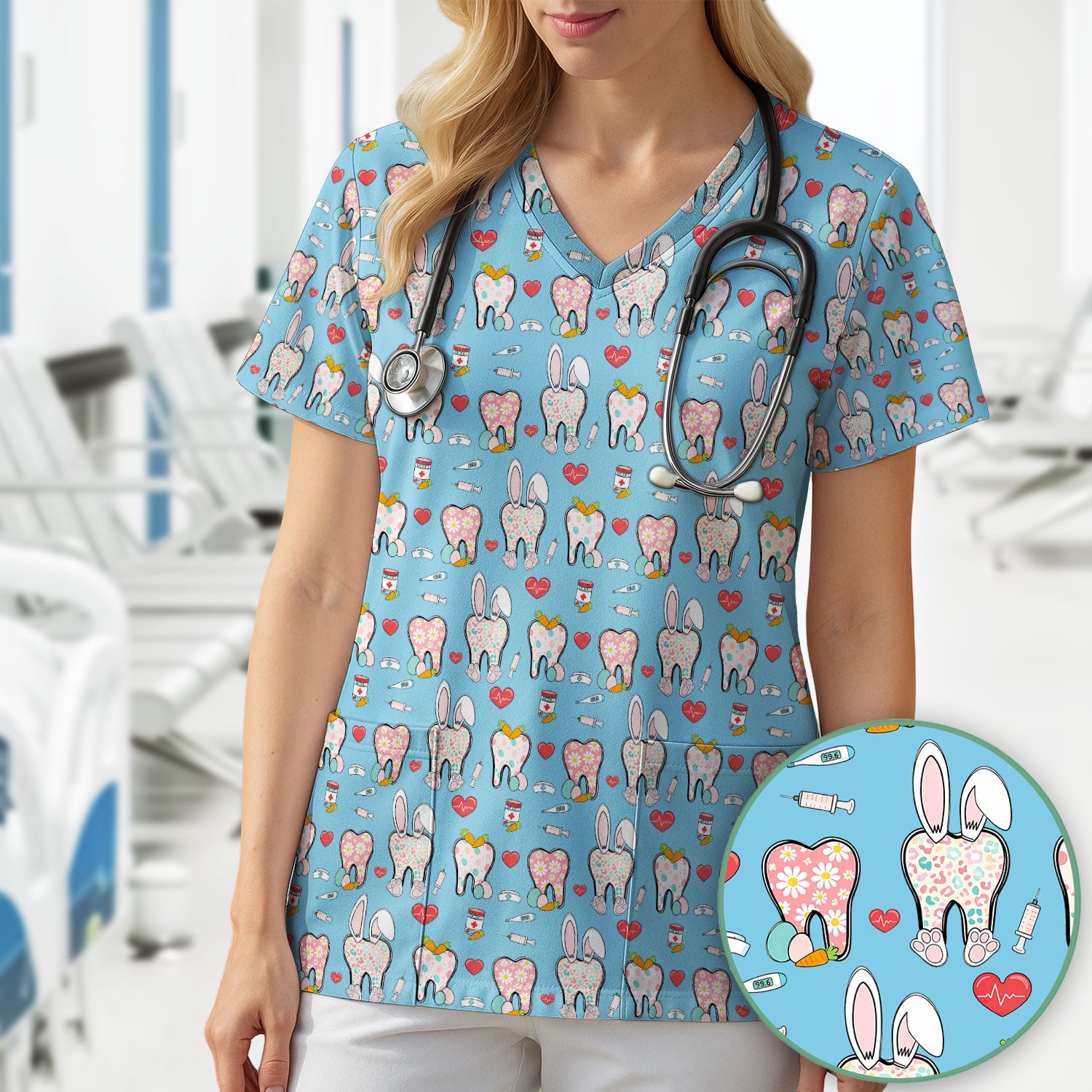 Playful Bunny Dentist Illustration Medical Scrub Top, Comfortable Scrubs for Nurses, Easter