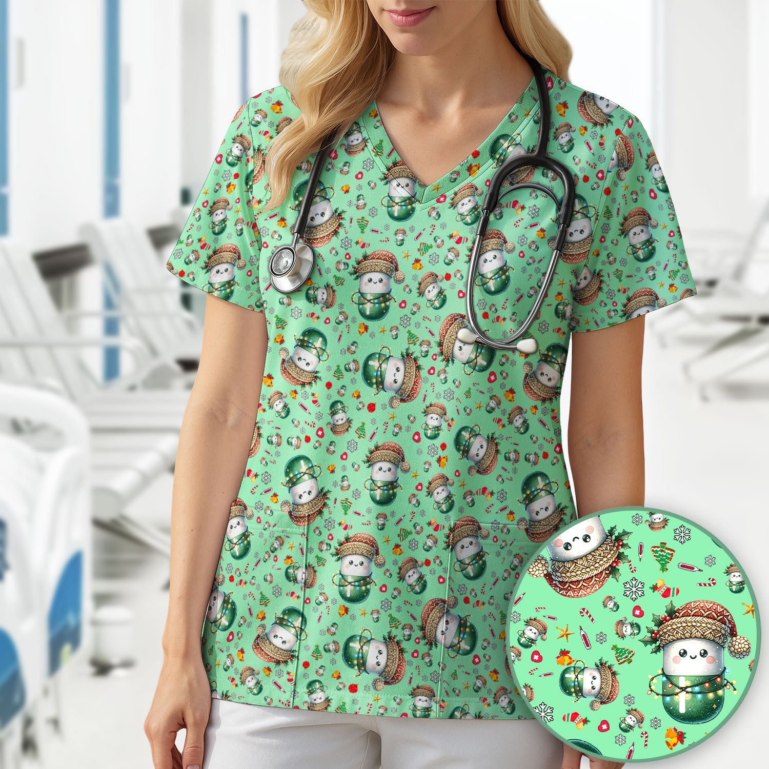 Pharmacy Tech Christmas Scrub Top – Cute Green Snowman Print Nurse Outfit – Funny Holiday Medical Uniform for Pharmacists