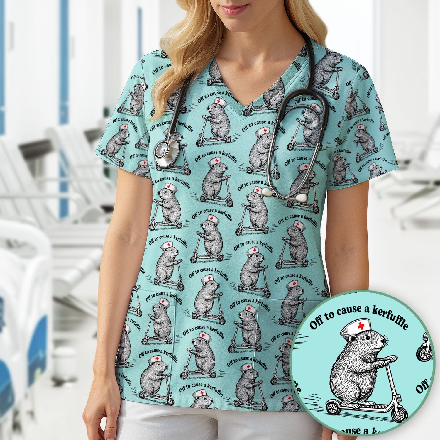 Funny Nurse Mouse Scooter Print Scrub Top, Comfortable Scrubs for Nurses