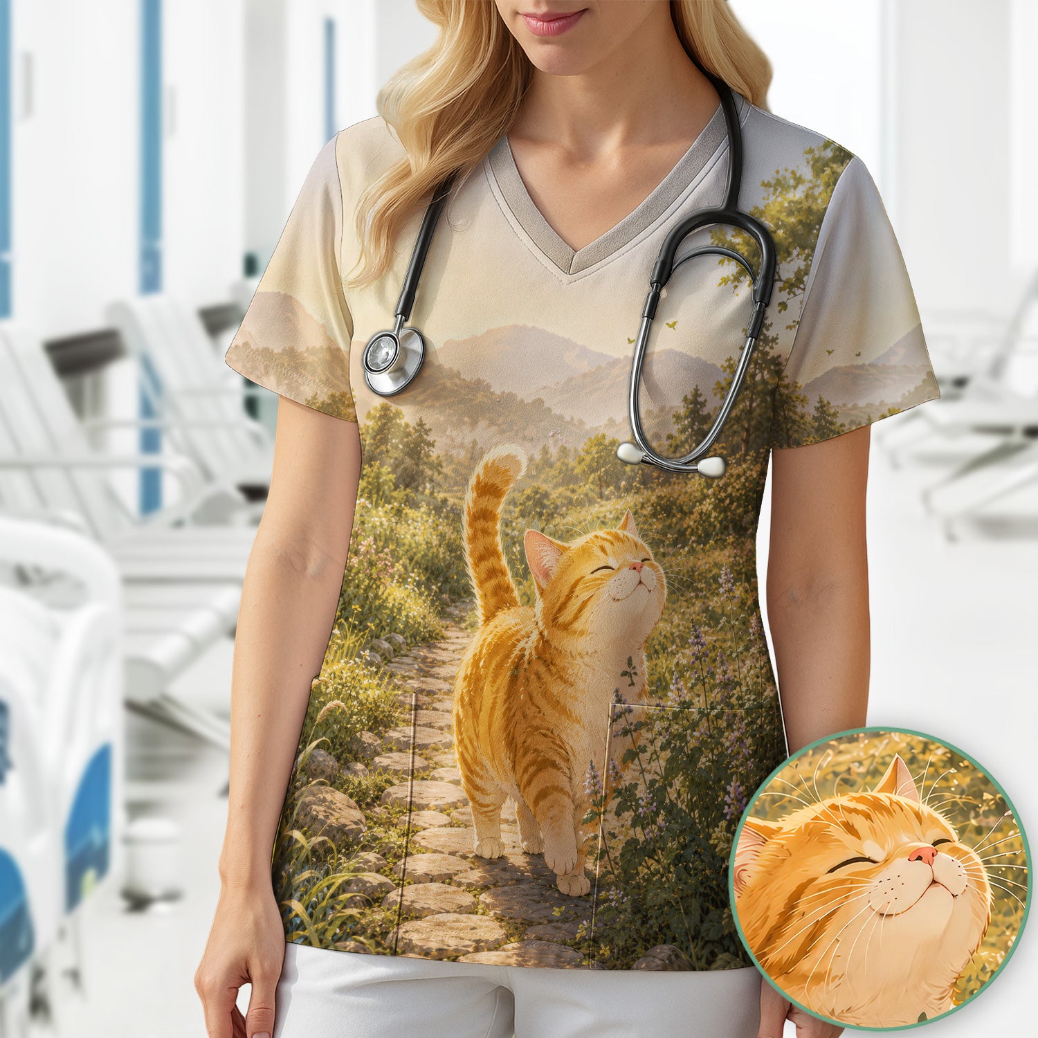 Sunny Mountain Cat Nurse, Nature Lover Medical Scrub Top, Comfortable Scrubs for Nurses