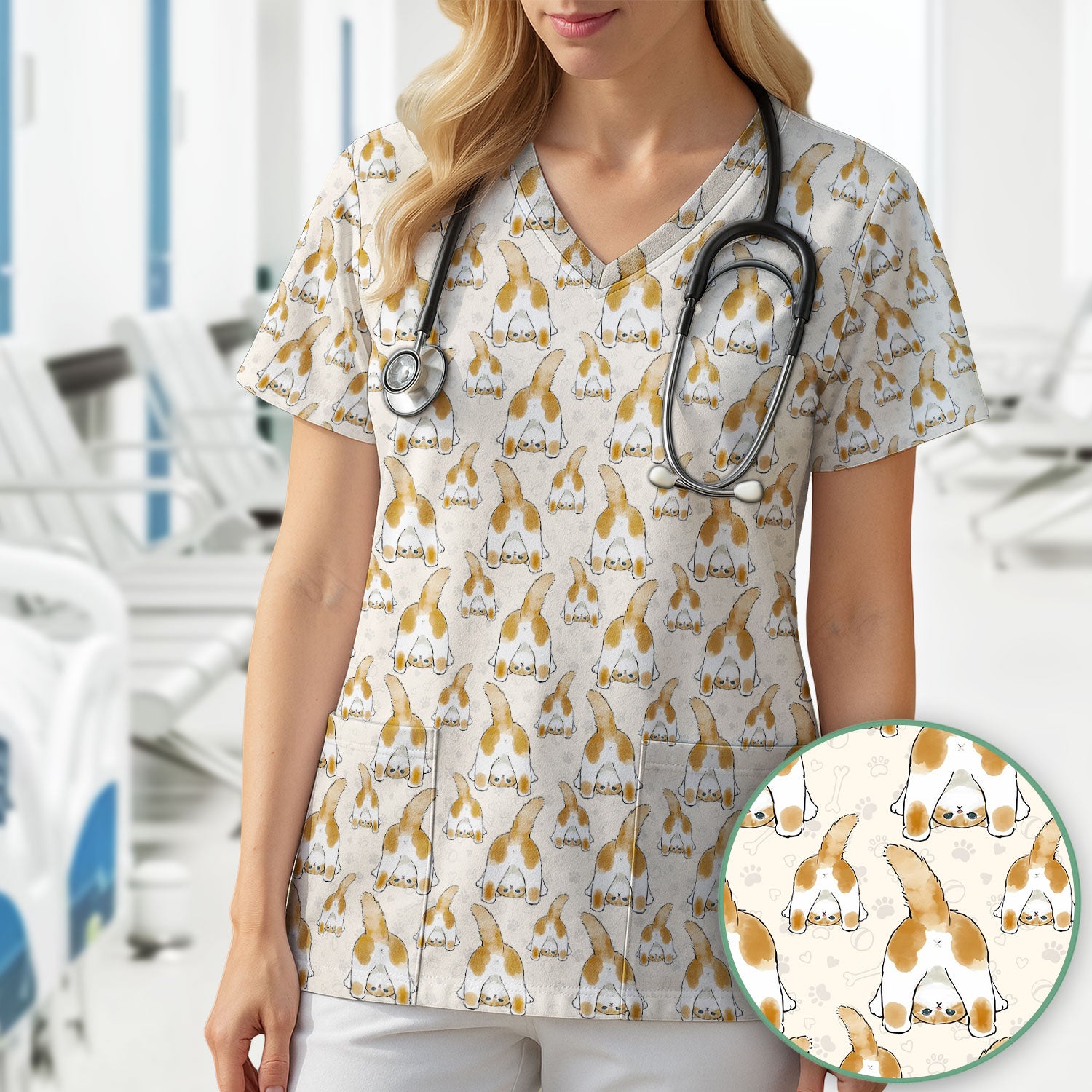 Cute Cat Butt Nurse Scrub Top, Cat Pattern Medical Shirt For Pet Lover, Breathable Fabrics Nursing Uniform