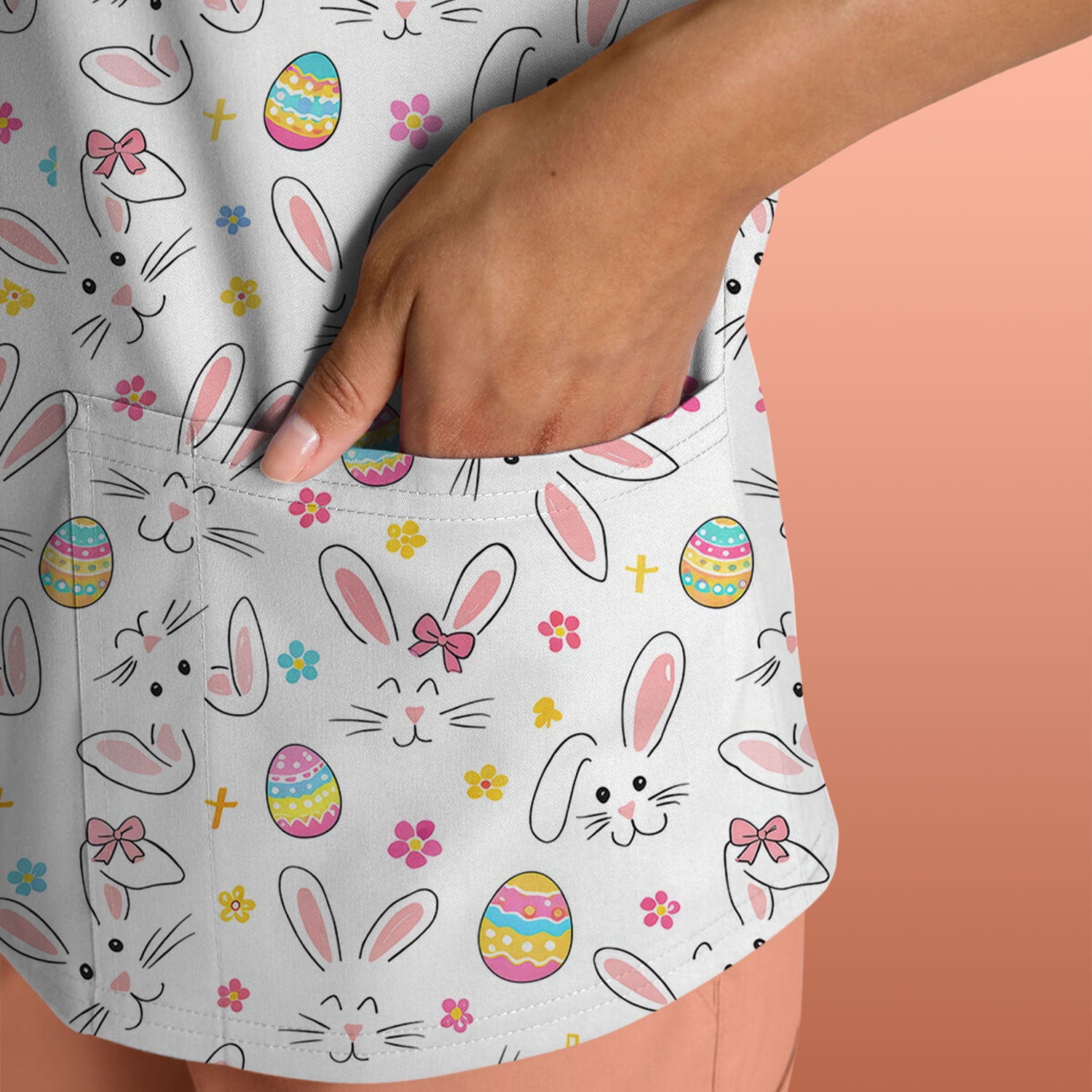 Easter Bunny Faces And Pastel Egg Print Scrub Top, Comfortable Scrubs for Nurses