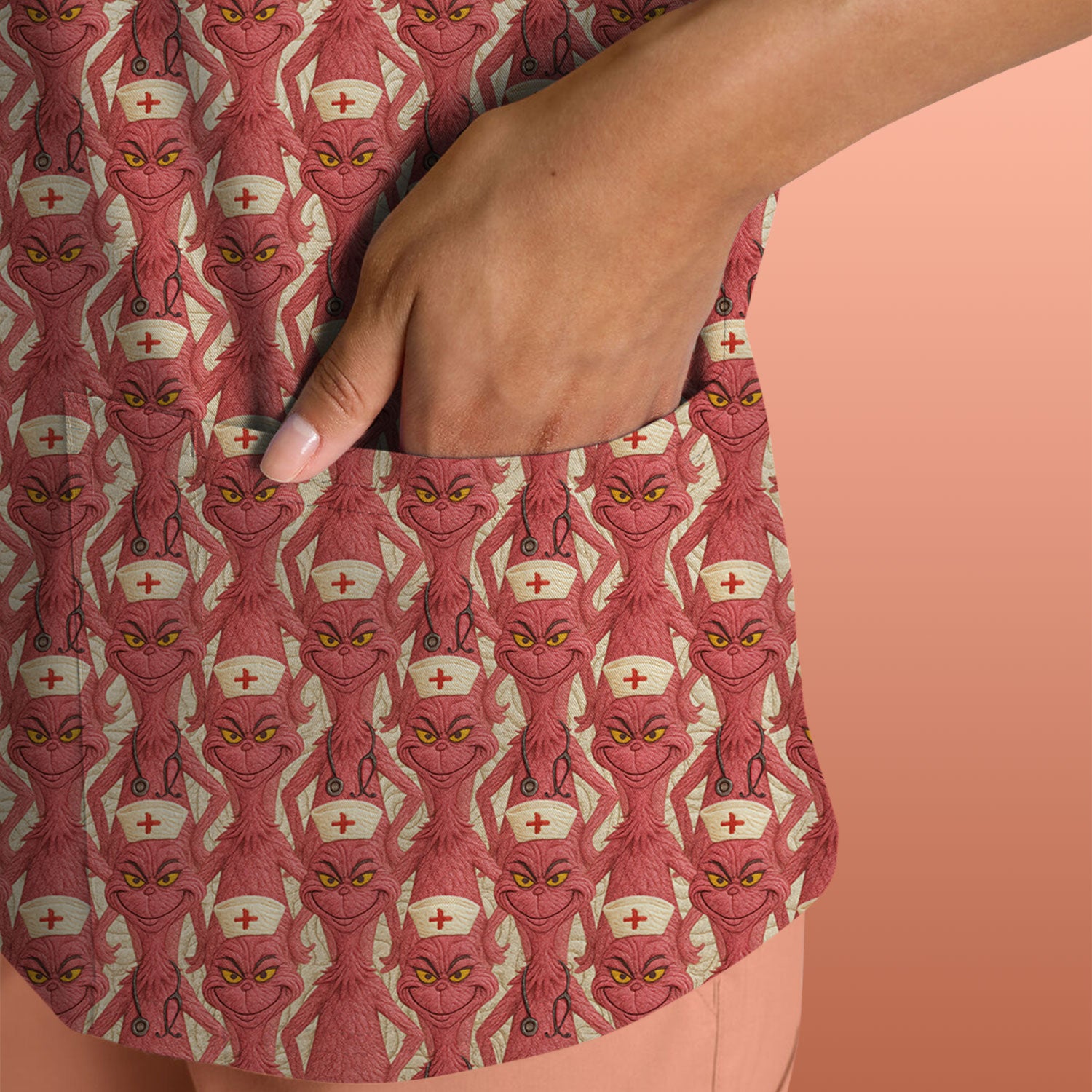 Funny Red Grinch Nurse Scrub Top - Cartoon Grinch Pattern Scrub Shirt Multi Color - Cute Christmas Holiday Nursing Workwear