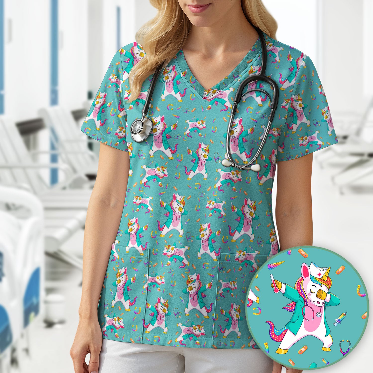 Cute Unicorn Nurse Dance Pattern Scrub Top, Breathable Fabrics Nursing Uniform