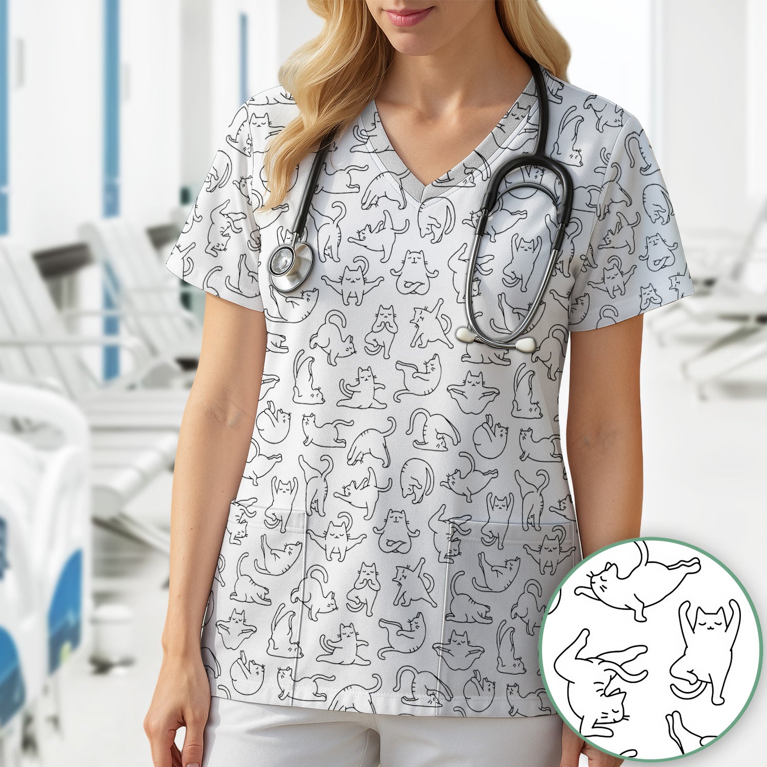 Cute Cat Outline Playing Pattern Scrub Top, Colorful Gothic Nurse Scrubs Uniform