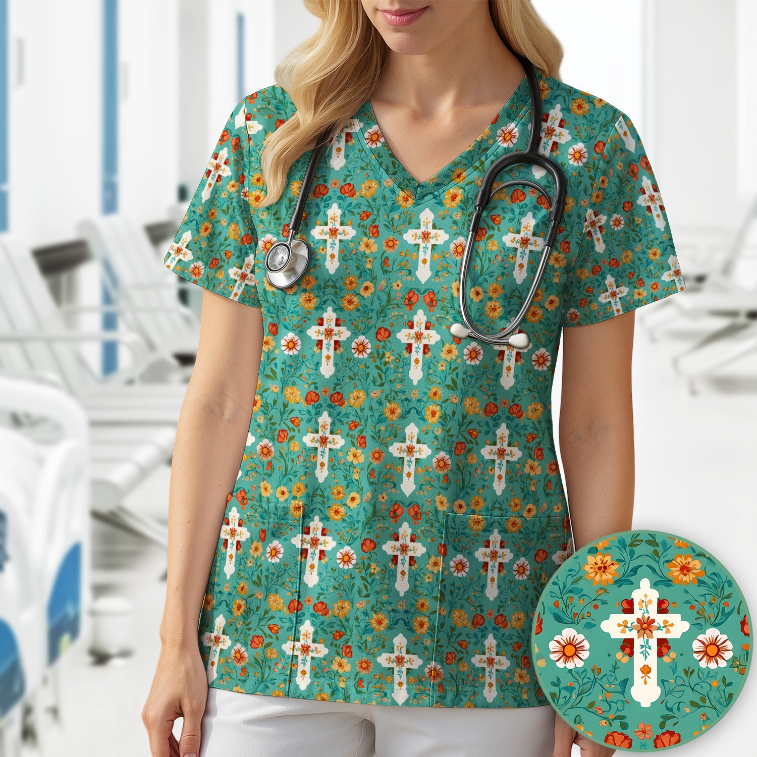 Christian Faith Floral Cross Pattern Scrub Top, Comfortable Scrubs for Nurses