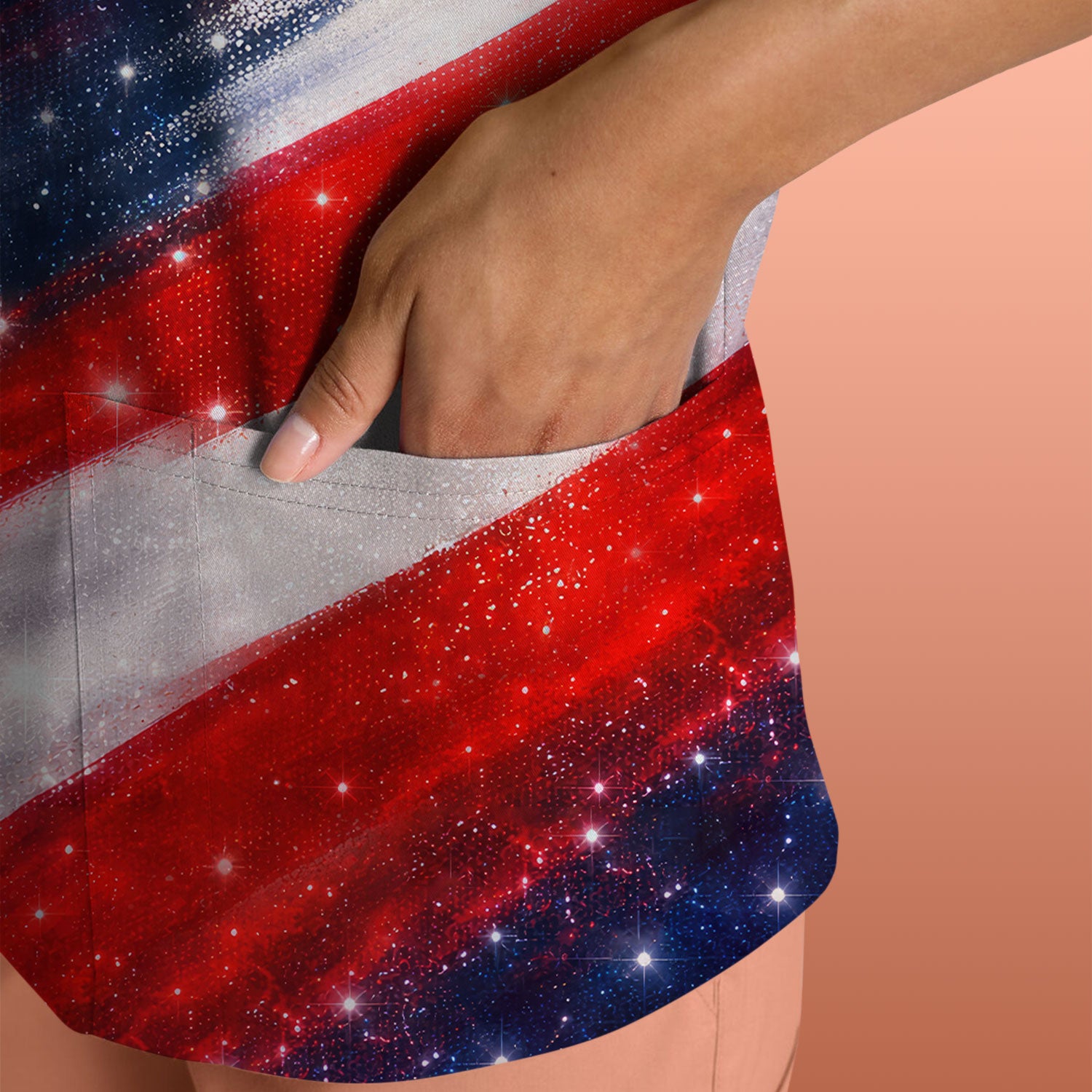 USA Flag Glitter Butterfly Rhinestone Pattern Scrubs Top, Breathable Fabrics Nursing Uniform