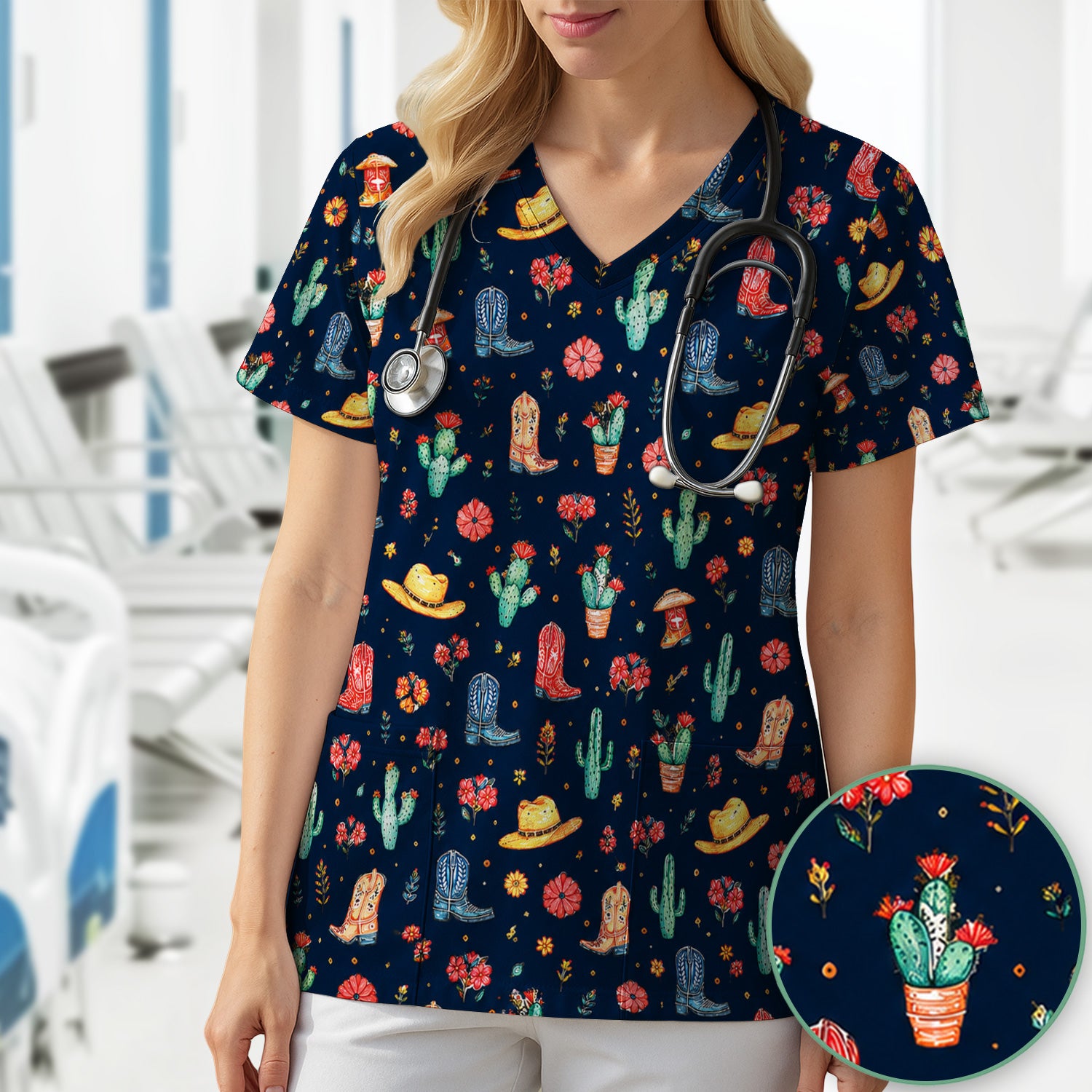 Whimsical Western Cactus Boots Pattern Scrub Top, Breathable Fabrics Nursing Uniform
