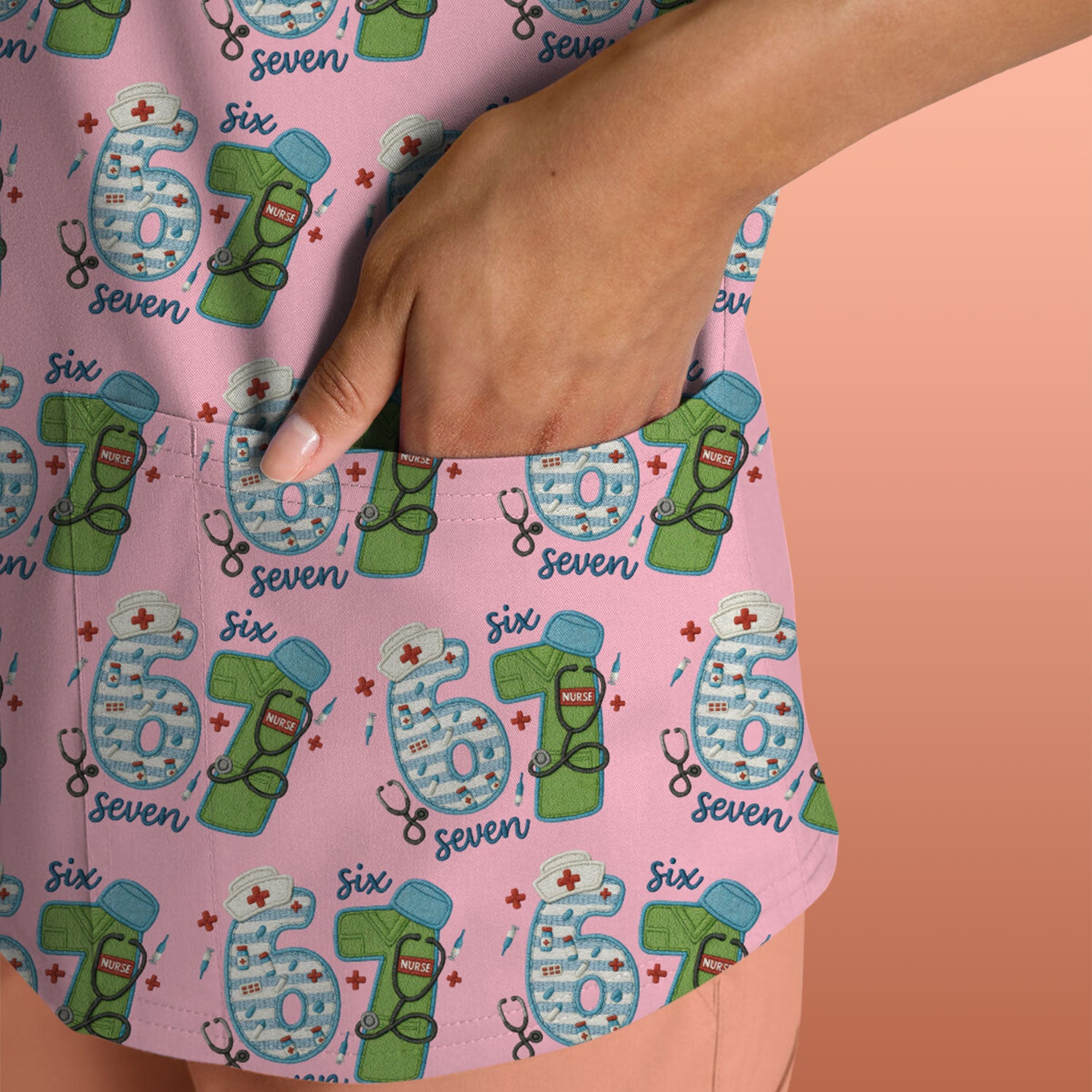 Nurse Six Seven Pattern Scrub Top, Cute Medical Number Print Shirt for Nursing Professionals