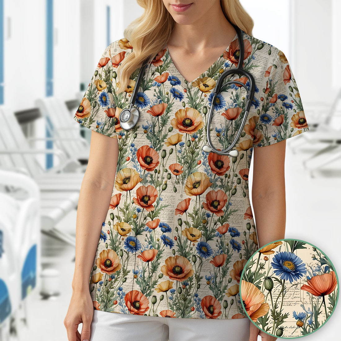 Vintage Poppy Wildflower Script Print Scrub Top, Comfortable Scrubs for Nurses