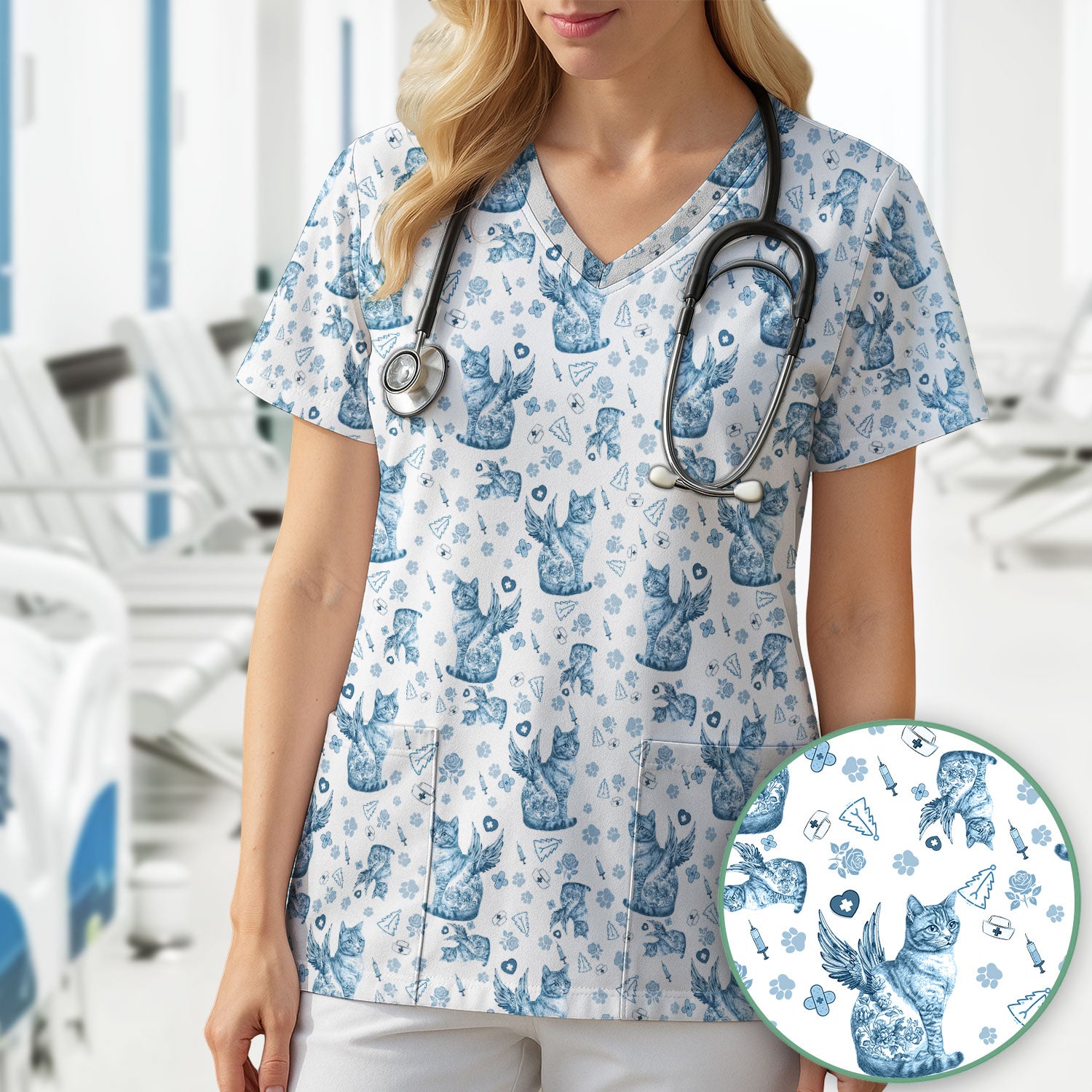 Toile de Jouy Cat Angel Scrub Top - Blue Vintage Nurse Shirt - French Style Medical Uniform for Women RN LPN CNA Gift