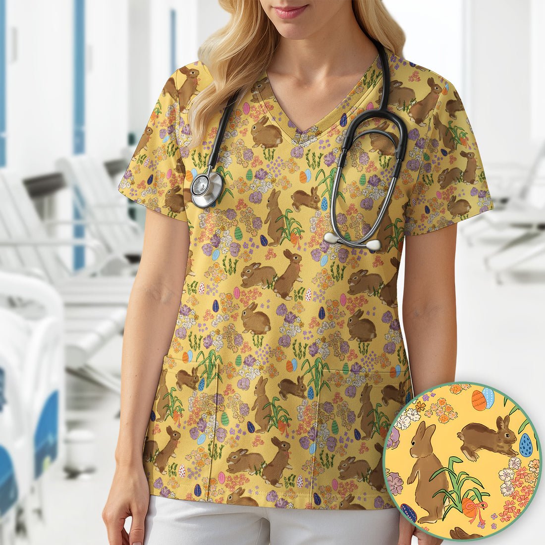 Cute Easter Bunny Pattern Scrub Top, Comfortable Scrubs for Nurses