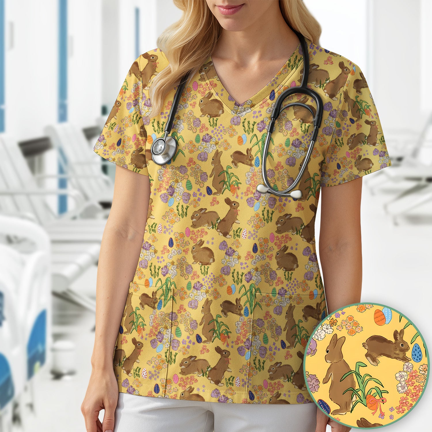 Cute Easter Bunny Pattern Scrub Top, Comfortable Scrubs for Nurses