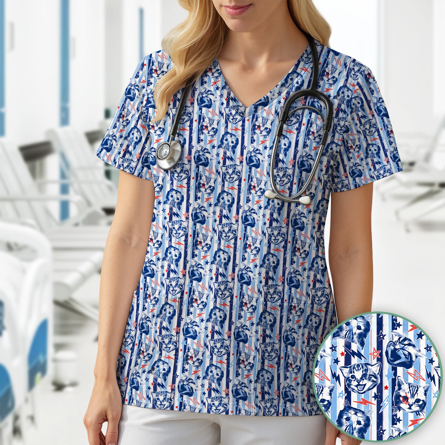 Cute Cat Faces With Lightning Print Scrub Top, Comfortable Scrubs for Nurses