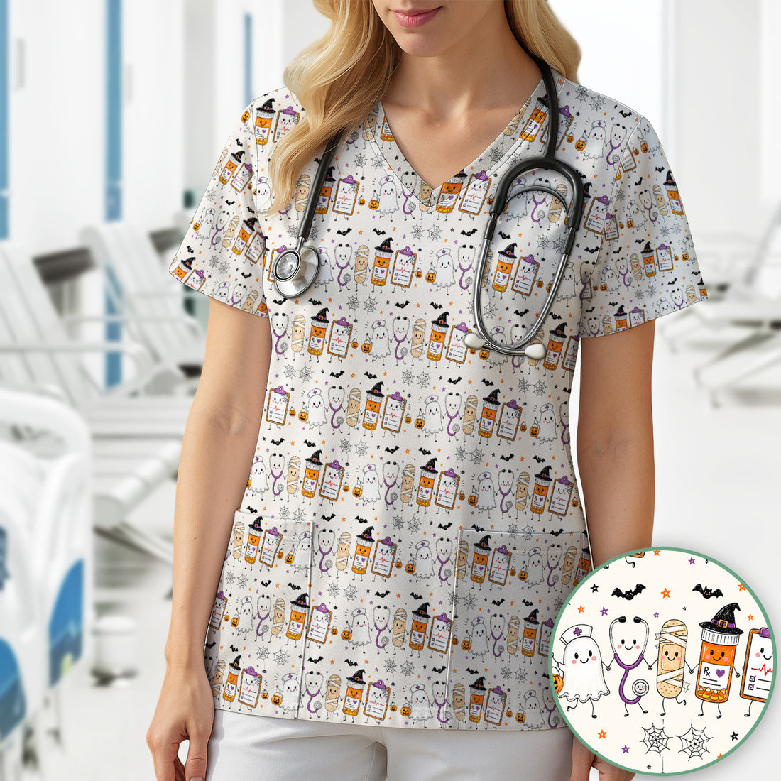 Halloween Medical Characters Print Scrub Top, Comfortable Scrubs for Nurses