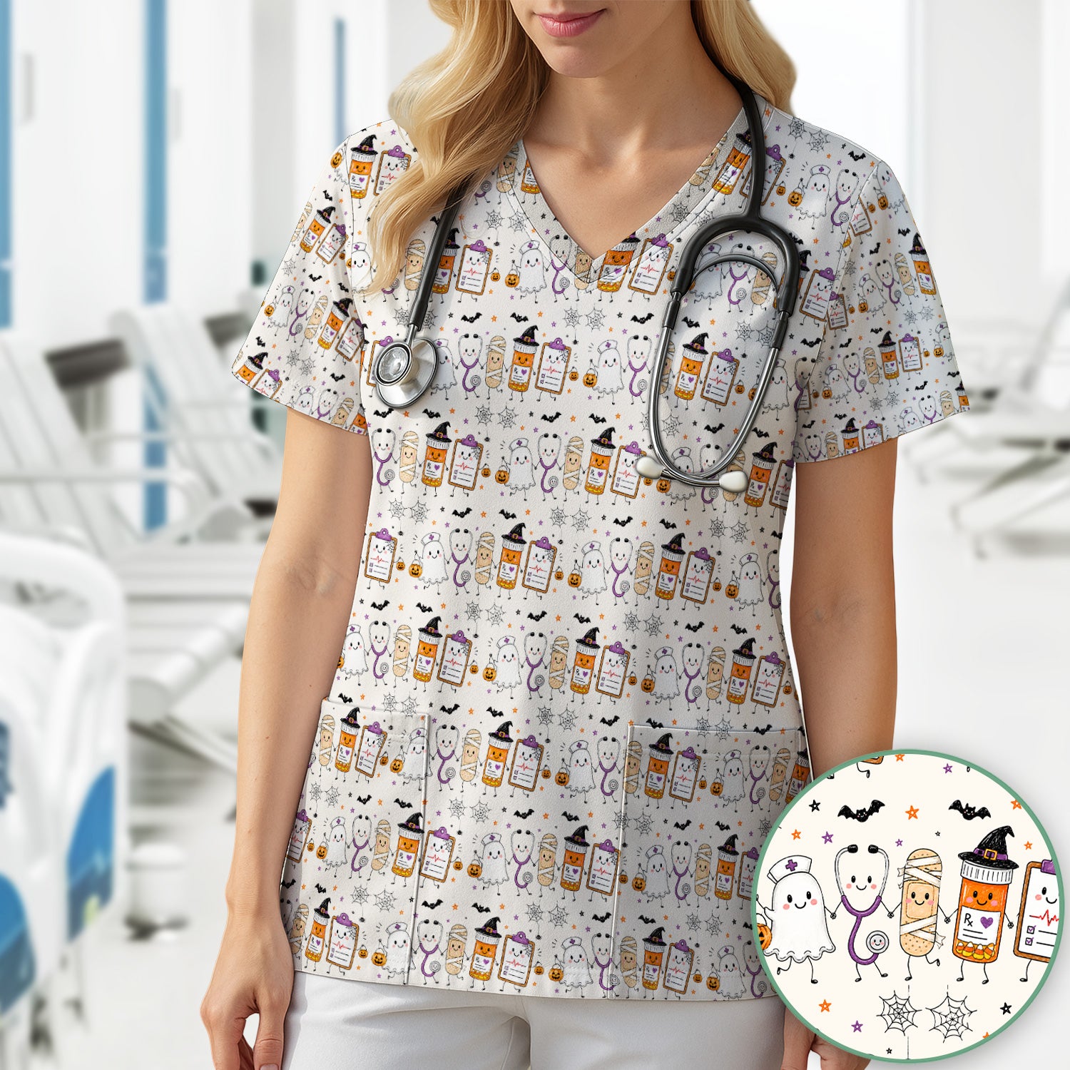 Halloween Medical Characters Print Scrub Top, Comfortable Scrubs for Nurses