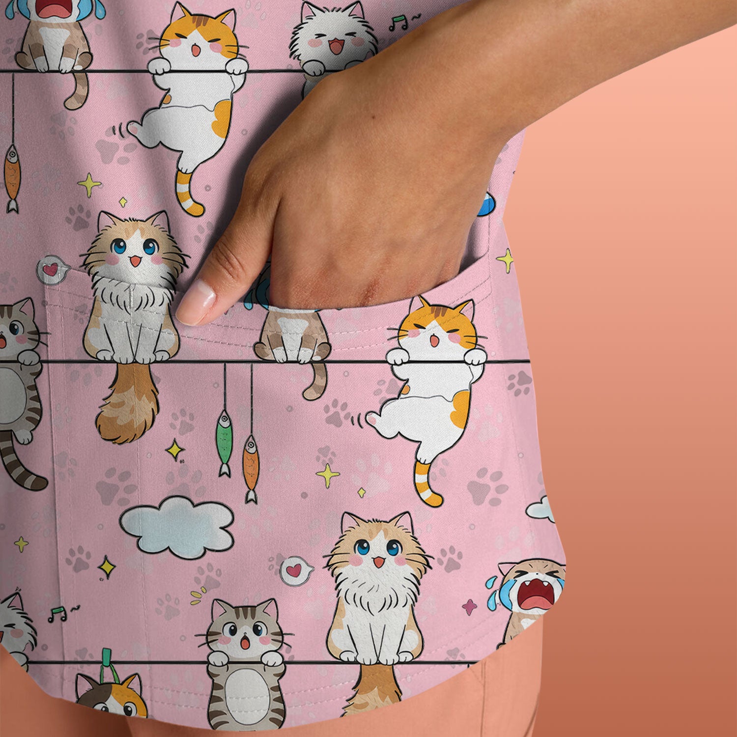 Funny Cats With Cute Expressions Pattern Scrubs Top, Comfortable Scrubs for Nurses