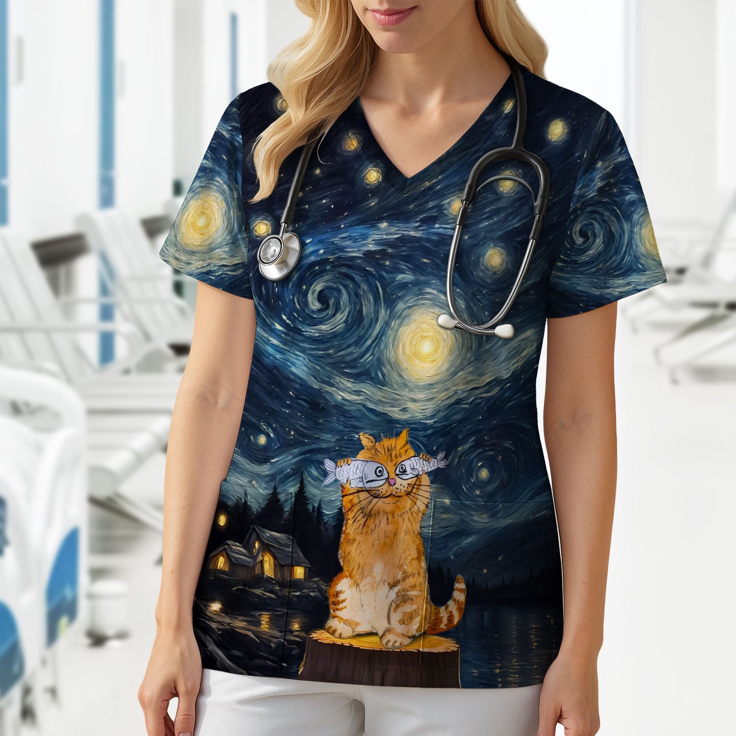 Cat Under Starry Night Sky Art Print Scrub Top, Comfortable Scrubs for Nurses