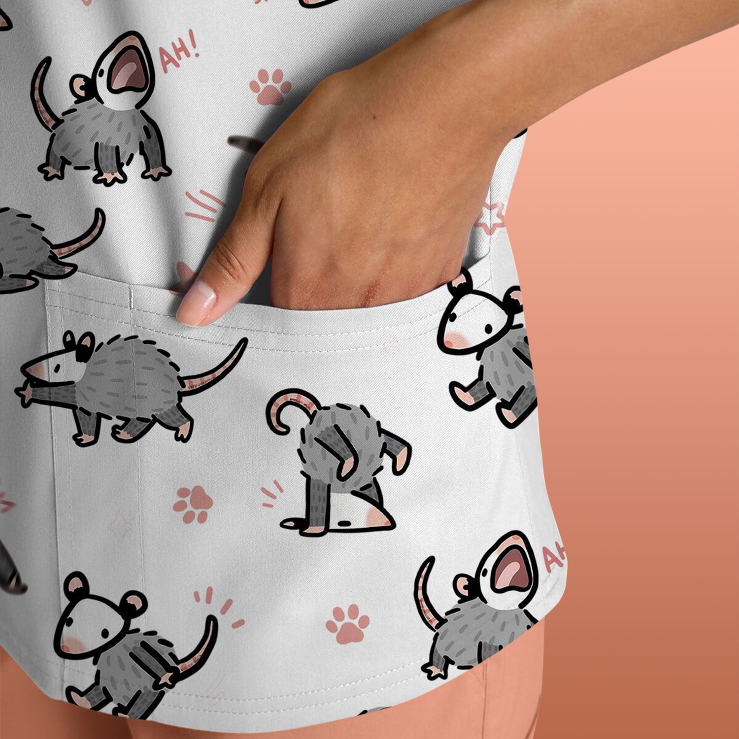 Playful Cartoon Opossum Character Pattern Scrub Top, Breathable Fabrics Nursing Uniform