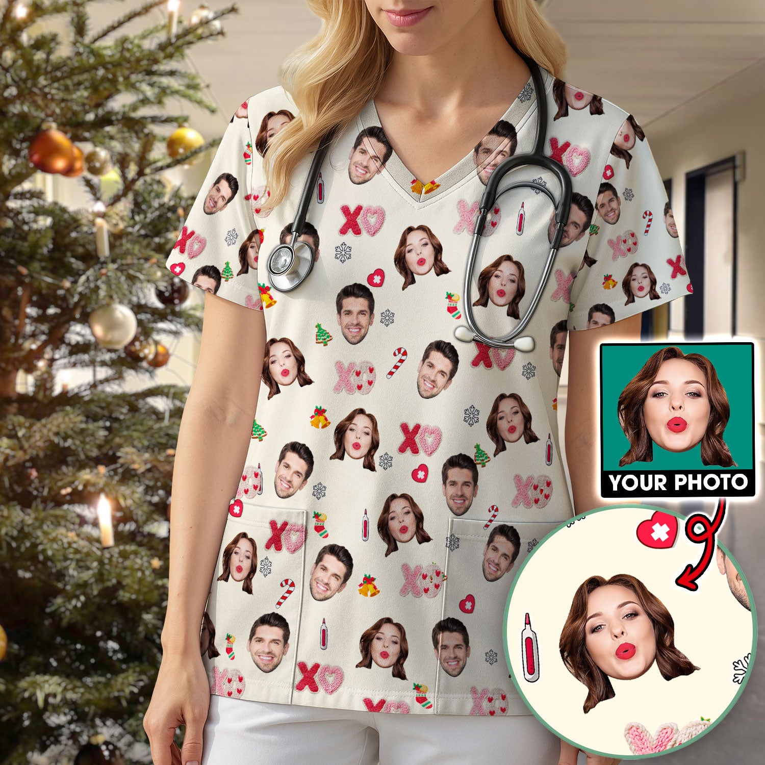 Personalized Photo Scrub Top, Custom Face XOXO Scrub Shirt, Breathable Fabrics Nursing Uniform
